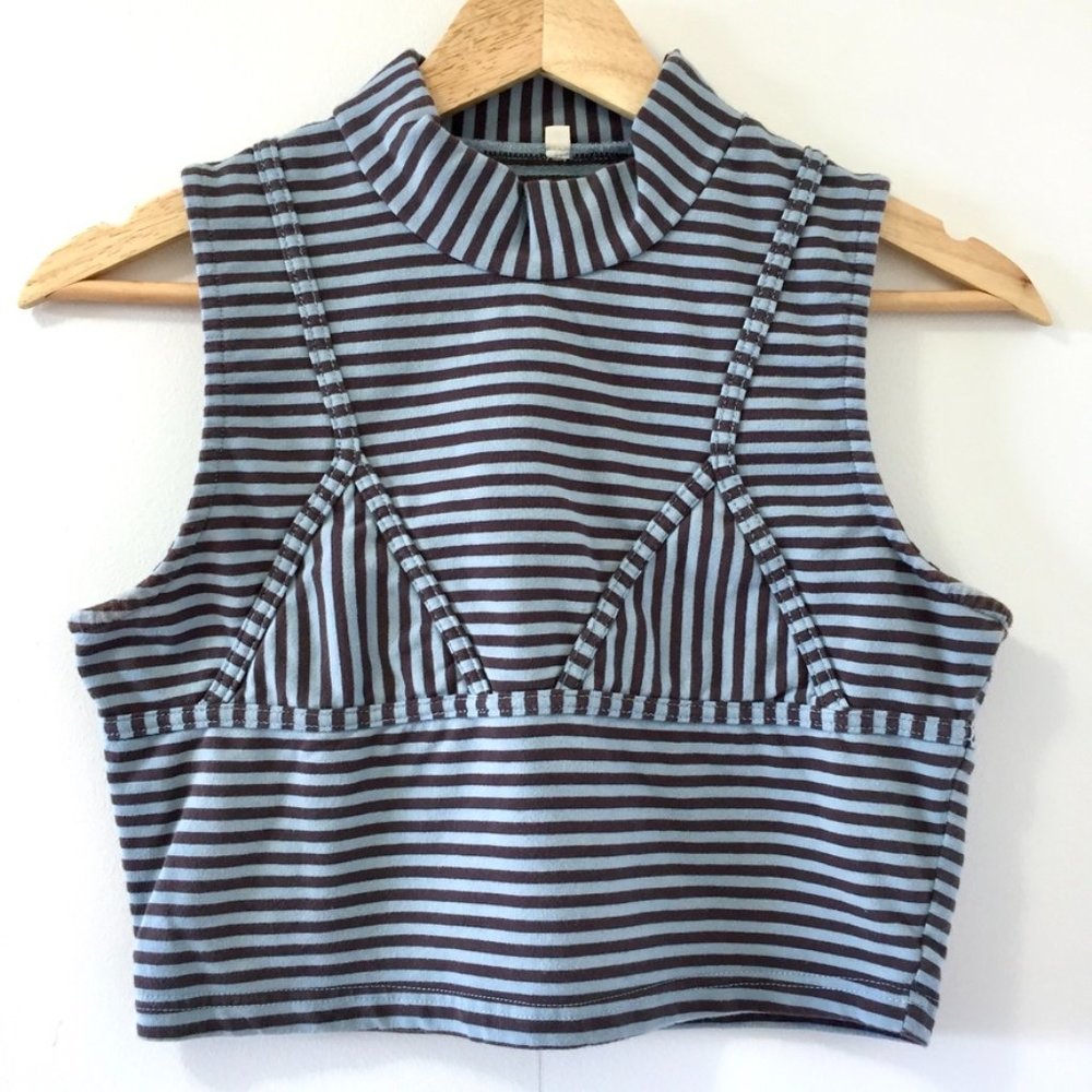 Fashion Brand Company - Striped Bikini Crop Top - Blue / Grey - S